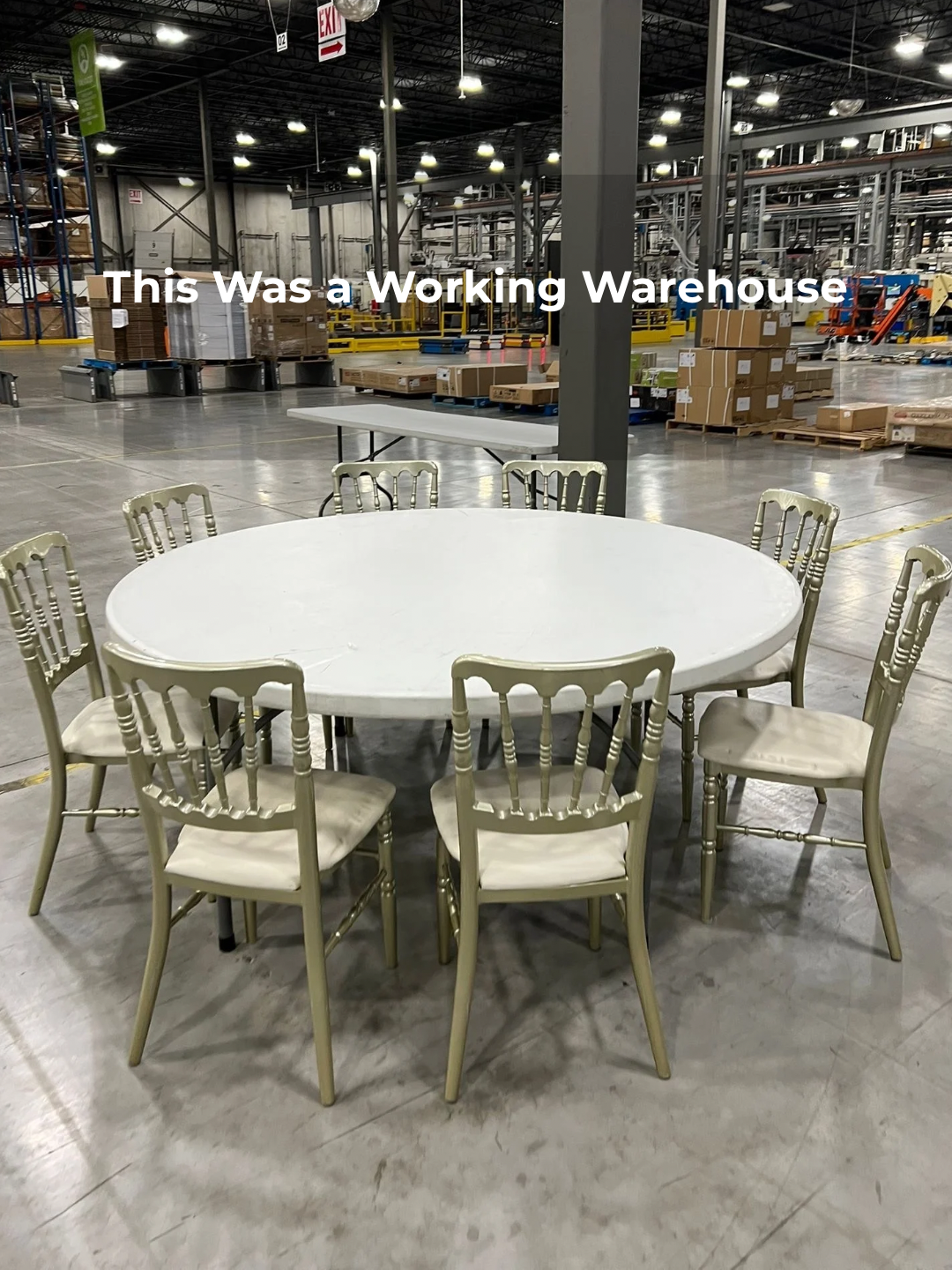 Warehouse transformed into a corporate event space with guest seating and décor